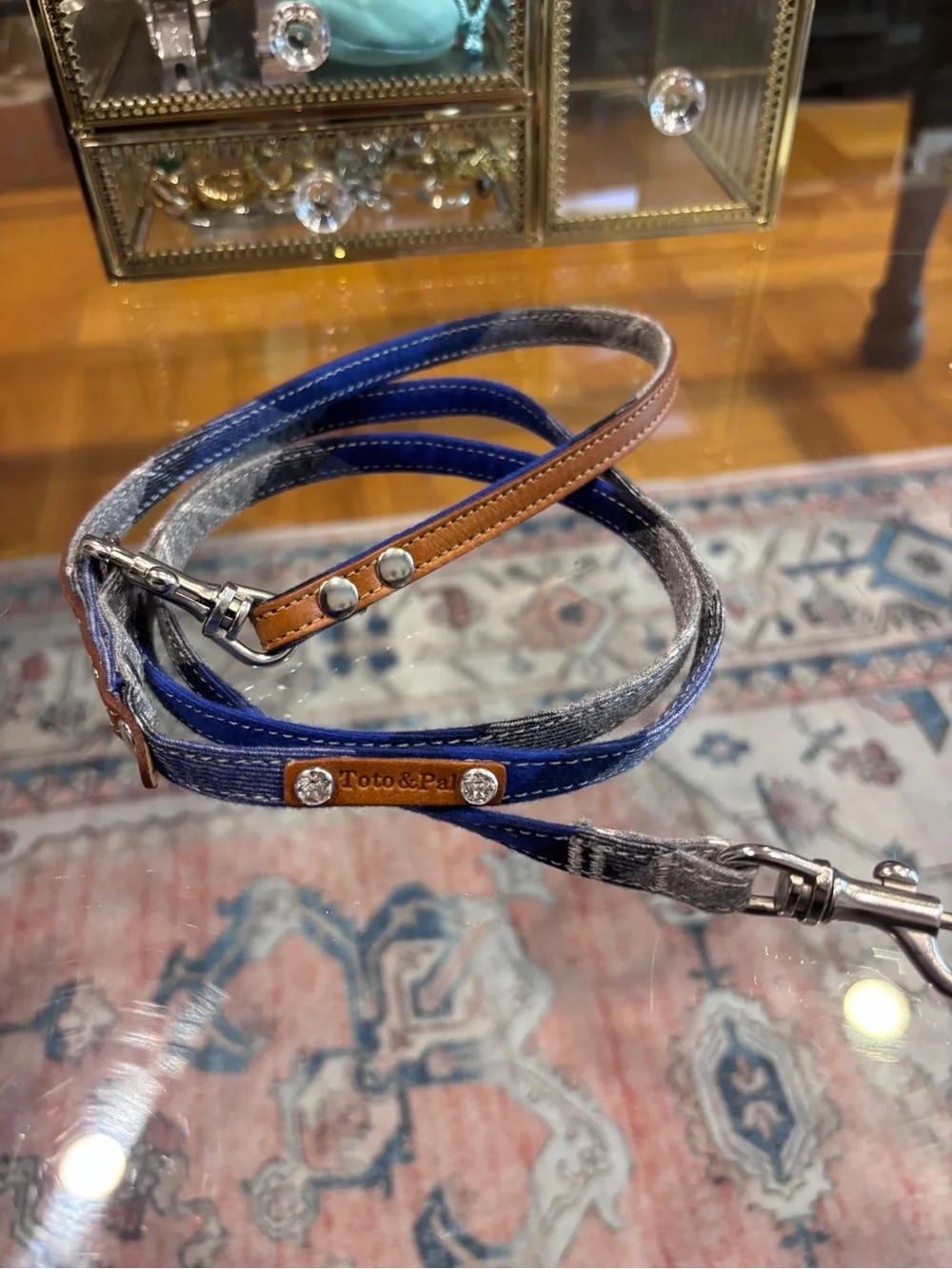 Toto & Pal Blue Plaid Dog Leash with Swarovski Crystals